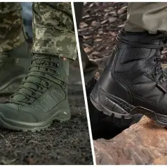 Dwa rodzaje butów trekkingowych: zielone na ziemi, czarne na kamieniach. Dowiedz się, jak wybrać buty trekkingowe.