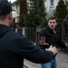 Mężczyzna w czarnej kurtce broni się przed napastnikiem, co może być uznane za przekroczenie obrony koniecznej.