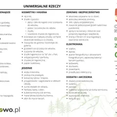 Lista rzeczy na wyjazd: dokumenty, kosmetyki, ubrania, jedzenie, apteczka, elektronika. W góry dodatkowo: ciepła kurtka, buty trekkingowe, raczki.