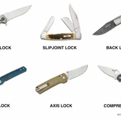 Sześć noży z różnymi mechanizmami blokady ostrza: frame lock, slipjoint, back lock, liner lock, axis lock, compression lock.