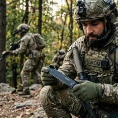 Żołnierz GROM sprawdza swój nóż w lesie. Inni żołnierze w kamuflażu patrolują teren.