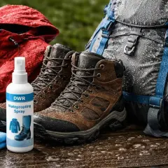 DWR – impregnat do odzieży i obuwia outdoorowego. Czerwona kurtka, brązowe buty trekkingowe i szary plecak, wszystko mokre od deszczu.
