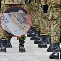 Żołnierze w mundurach stoją w szeregu, a w kółku widać stos banknotów 200 zł. Czy to zapowiedź nowych stopnie wojskowe i podwyżek?