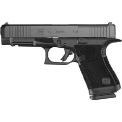 Pistolet Glock 49, kaliber 9x19, wykonany w Austrii, z charakterystycznym czarnym wykończeniem i teksturowanym uchwytem.