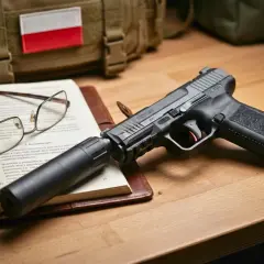 Pistolet z tłumikiem na książce, obok okulary i torba z polską flagą. Czy asg jest legalne? To pytanie nurtuje wielu pasjonatów.