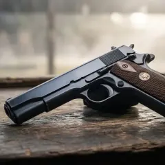 Klasyczny pistolet Colt 1911, jego budowa i detale, leży na drewnianym stole obok kilku naboi.