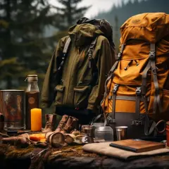 Jaki plecak w góry? Dwa plecaki, zielona kurtka, buty i akcesoria survivalowe na kamieniu w lesie.