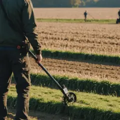 Mężczyzna z wykrywaczem metali przemierza pole. Czy można chodzić z wykrywaczem metali po swoim polu? Tak, jeśli masz pozwolenie.