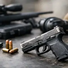 Pistolet leży obok naboi i magazynka. W tle widać karabin snajperski i czapkę. To wszystko to baskila w broni.