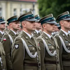 Żołnierze w mundurach, **może w wojsku** na uroczystości. W szeregu stoją mężczyźni w zielonych mundurach, z orzełkami na czapkach i sznurami.