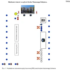 Schemat ustawienia asysty honorowej PSP. Widoczne punkty symbolizujące żołnierzy, trybuna honorowa, zaproszeni goście i elementy symboliczne, jak odznaczenia PSP.