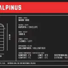 Śpiwór Alpinus Warm 1800, kształt koperty, 215 cm długości. Zakres temperatur komfortu to 1°C.