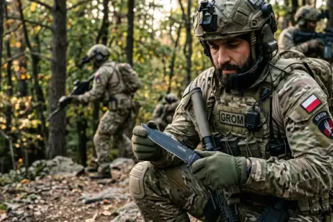 Żołnierz GROM sprawdza swój nóż w lesie. Inni żołnierze w kamuflażu patrolują teren.