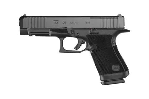 Pistolet Glock 49, kaliber 9x19, wykonany w Austrii, z charakterystycznym czarnym wykończeniem i teksturowanym uchwytem.