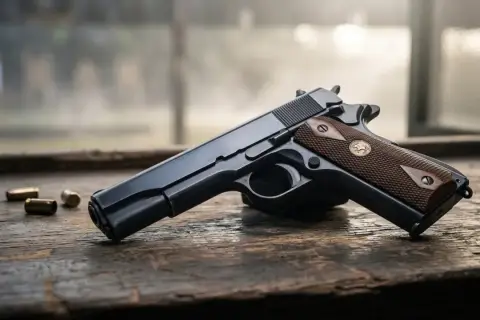 Klasyczny pistolet Colt 1911, jego budowa i detale, leży na drewnianym stole obok kilku naboi.