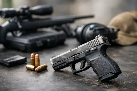 Pistolet leży obok naboi i magazynka. W tle widać karabin snajperski i czapkę. To wszystko to baskila w broni.