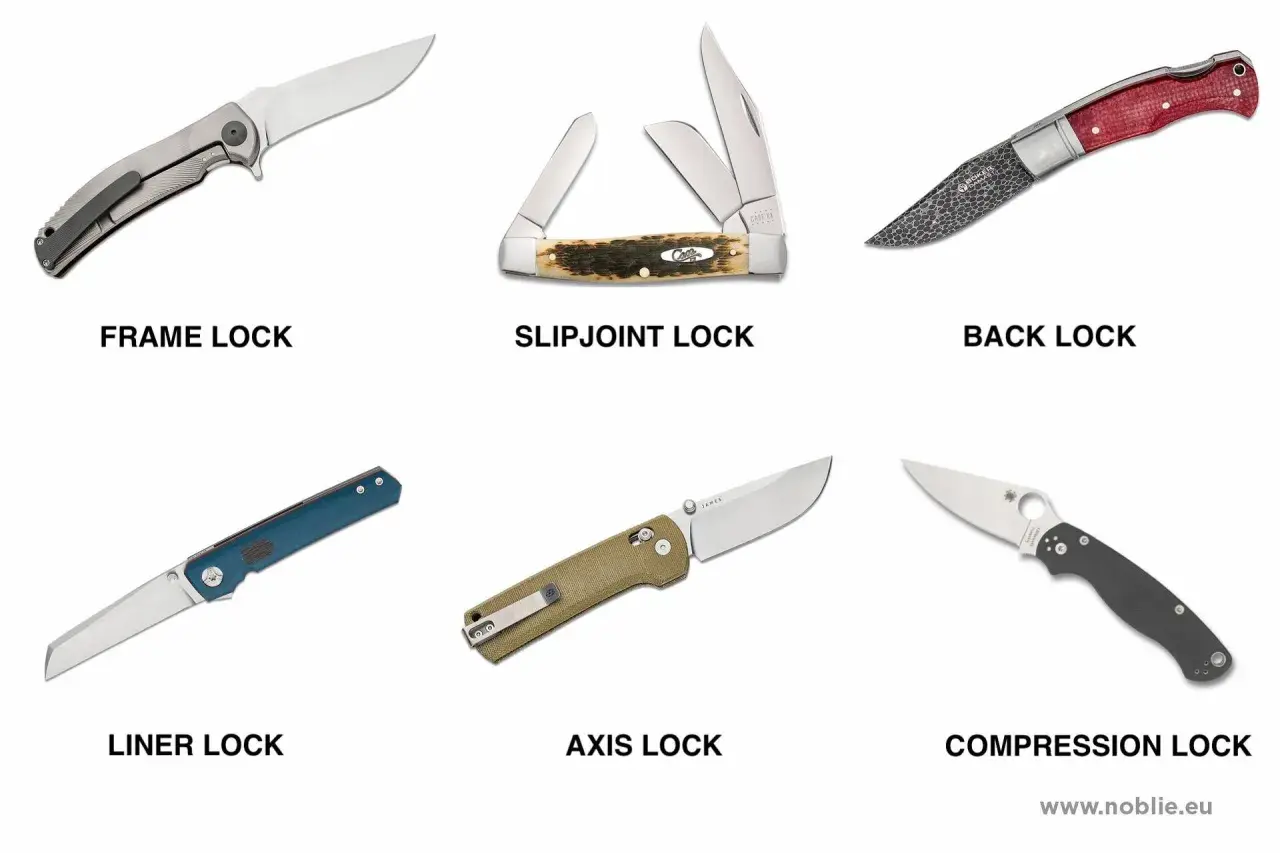 Sześć noży z różnymi mechanizmami blokady ostrza: frame lock, slipjoint, back lock, liner lock, axis lock, compression lock.