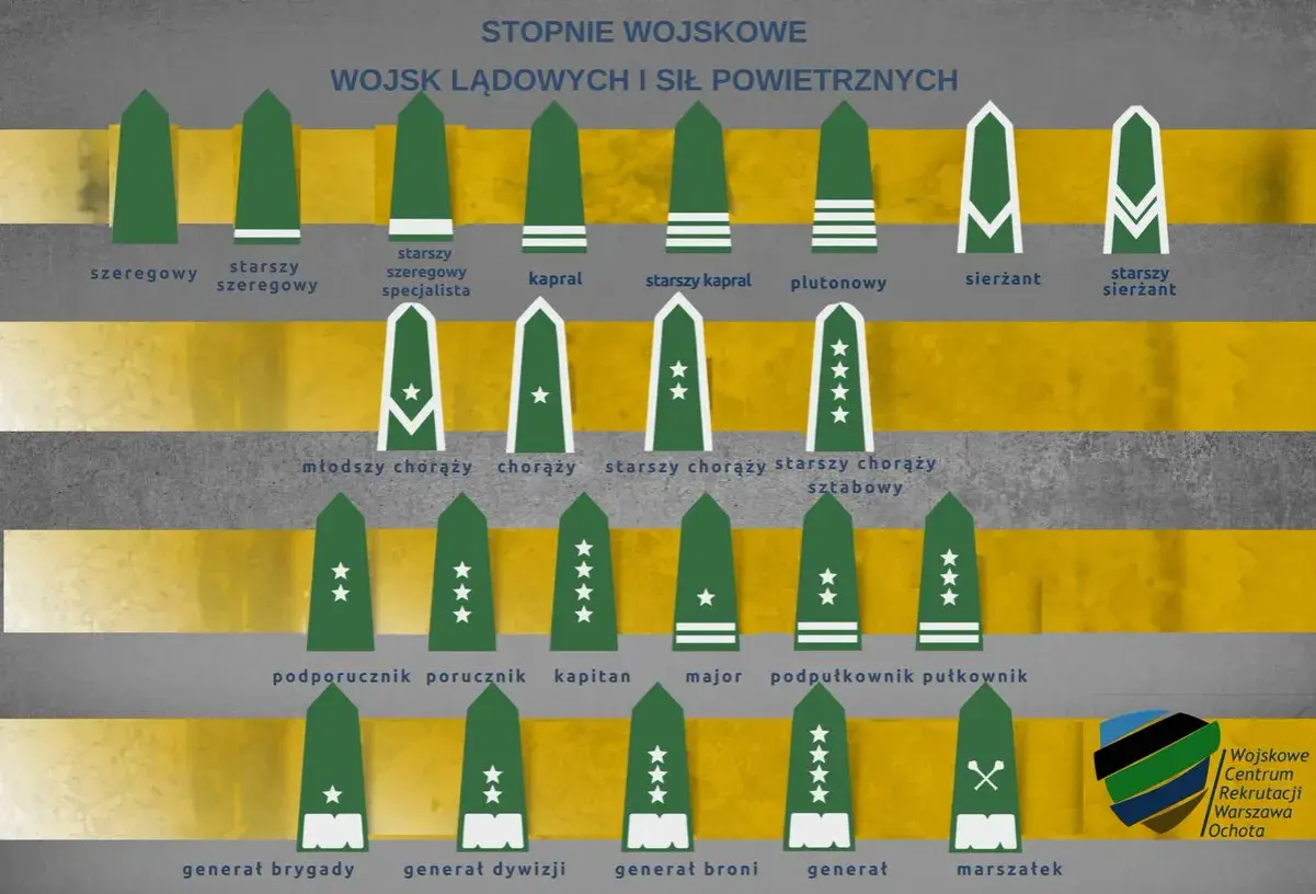 Stopnie wojskowe w lotnictwie i wojskach lądowych: od szeregowego do marszałka. Grafika przedstawia hierarchię rang.