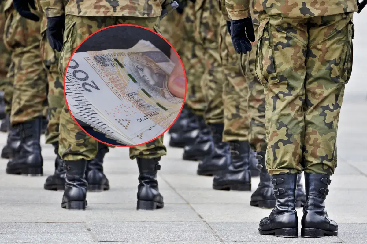 Żołnierze w mundurach stoją w szeregu, a w kółku widać stos banknotów 200 zł. Czy to zapowiedź nowych stopnie wojskowe i podwyżek?