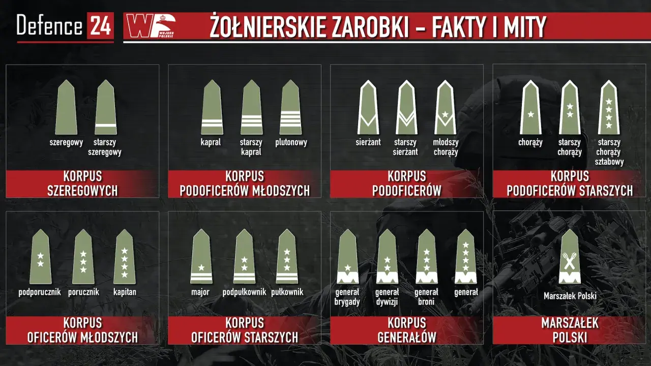 Grafika przedstawia stopnie wojskowe Wojska Polskiego, od szeregowego do Marszałka Polski, w tym stopnie podpułkowników.
