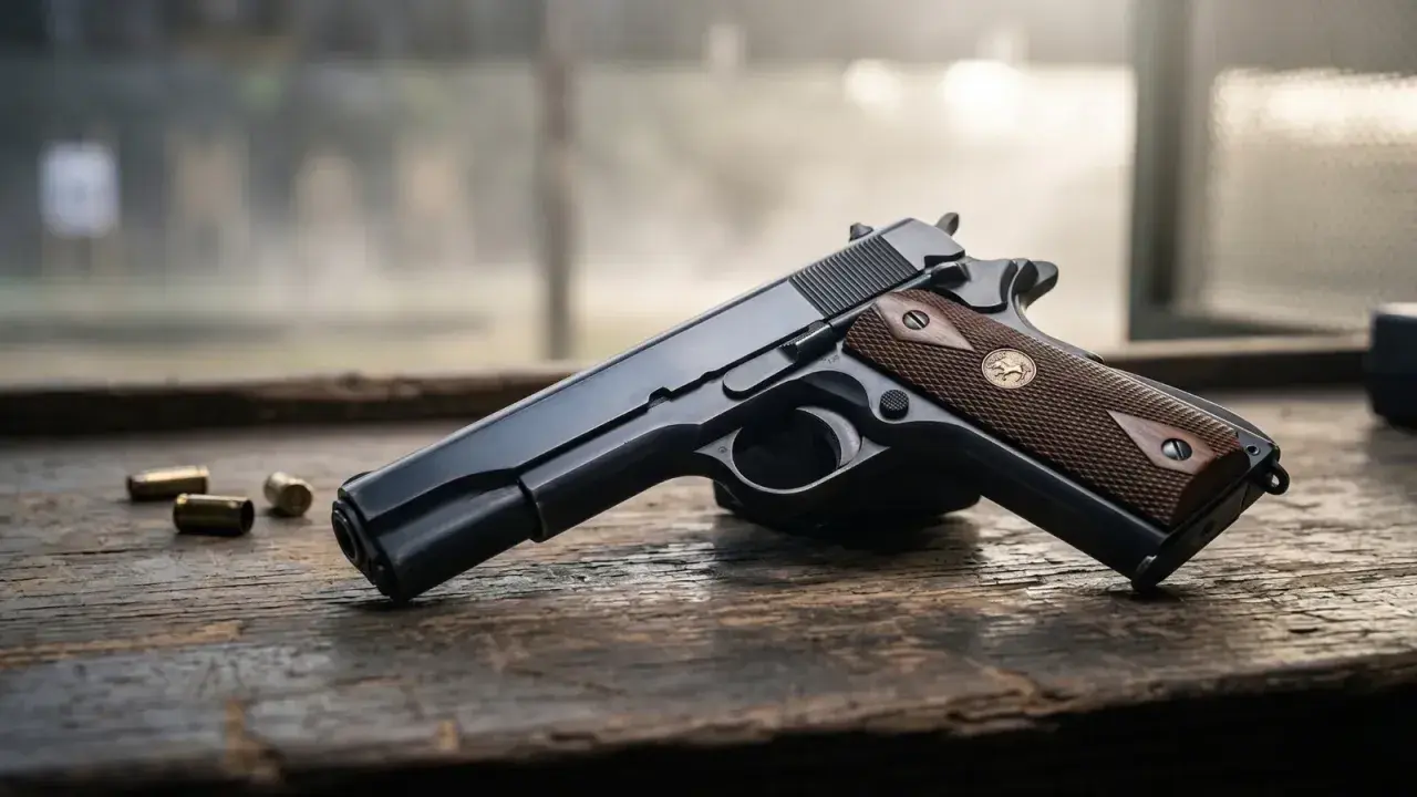 Klasyczny pistolet Colt 1911, jego budowa i detale, leży na drewnianym stole obok kilku naboi.