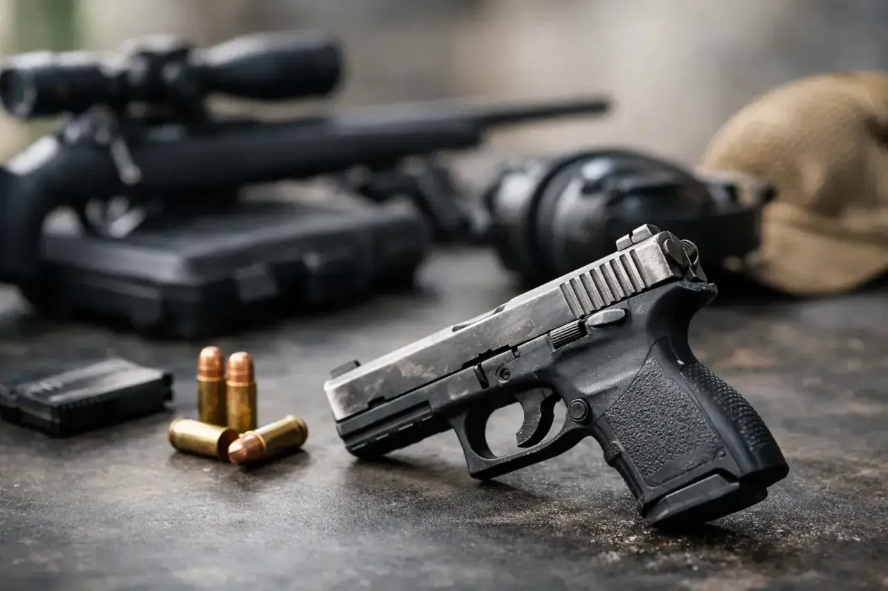 Pistolet leży obok naboi i magazynka. W tle widać karabin snajperski i czapkę. To wszystko to baskila w broni.