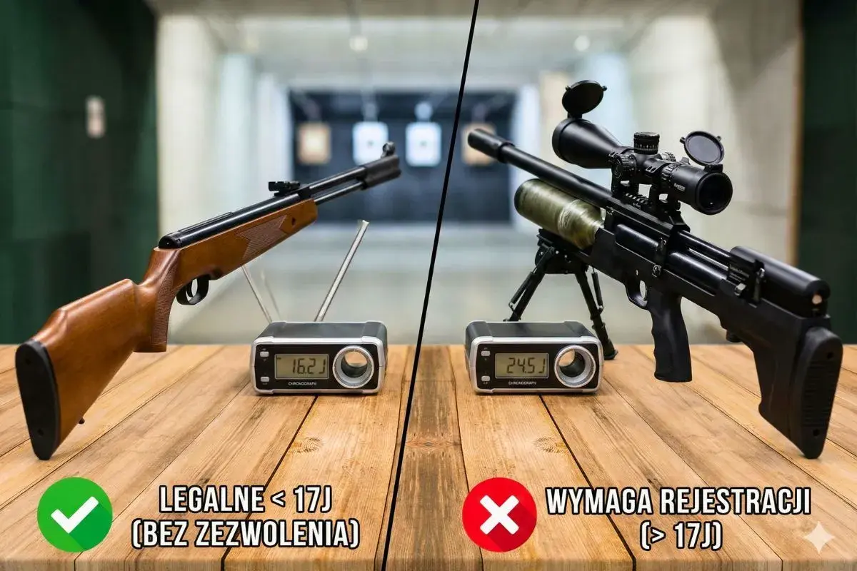 Dwie wiatrówki na stole. Po lewej legalna broń pneumatyczna poniżej 17 J (16.2 J), po prawej ta powyżej 17 J (24.5 J) wymagająca rejestracji.