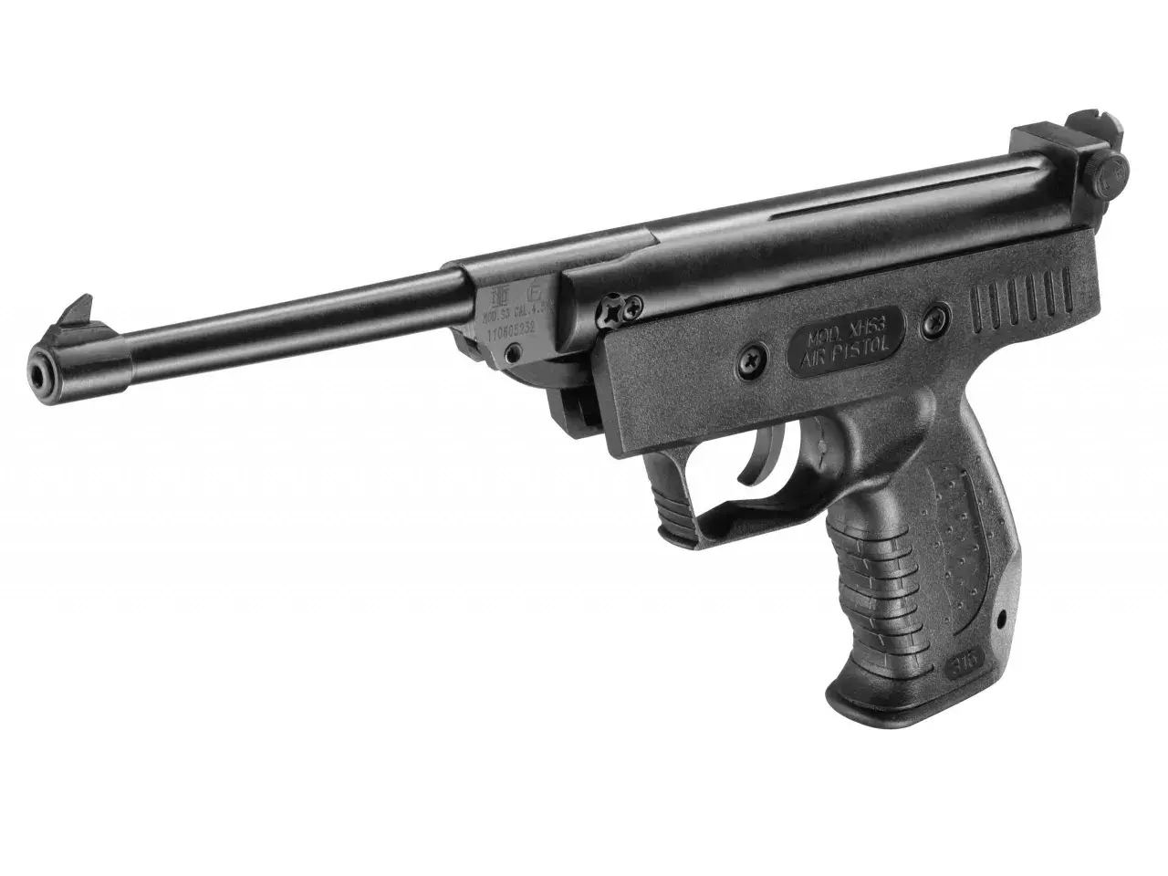 Czarny pistolet wiatrówka XHS3, kaliber 4.5mm, z lufą o prędkości wylotowej 300 m/s.