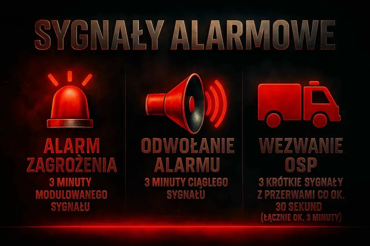 Grafika przedstawia sygnały alarmowe: alarm zagrożenia (czerwona lampa), odwołanie alarmu (megafon) i wezwanie OSP (wóz strażacki).