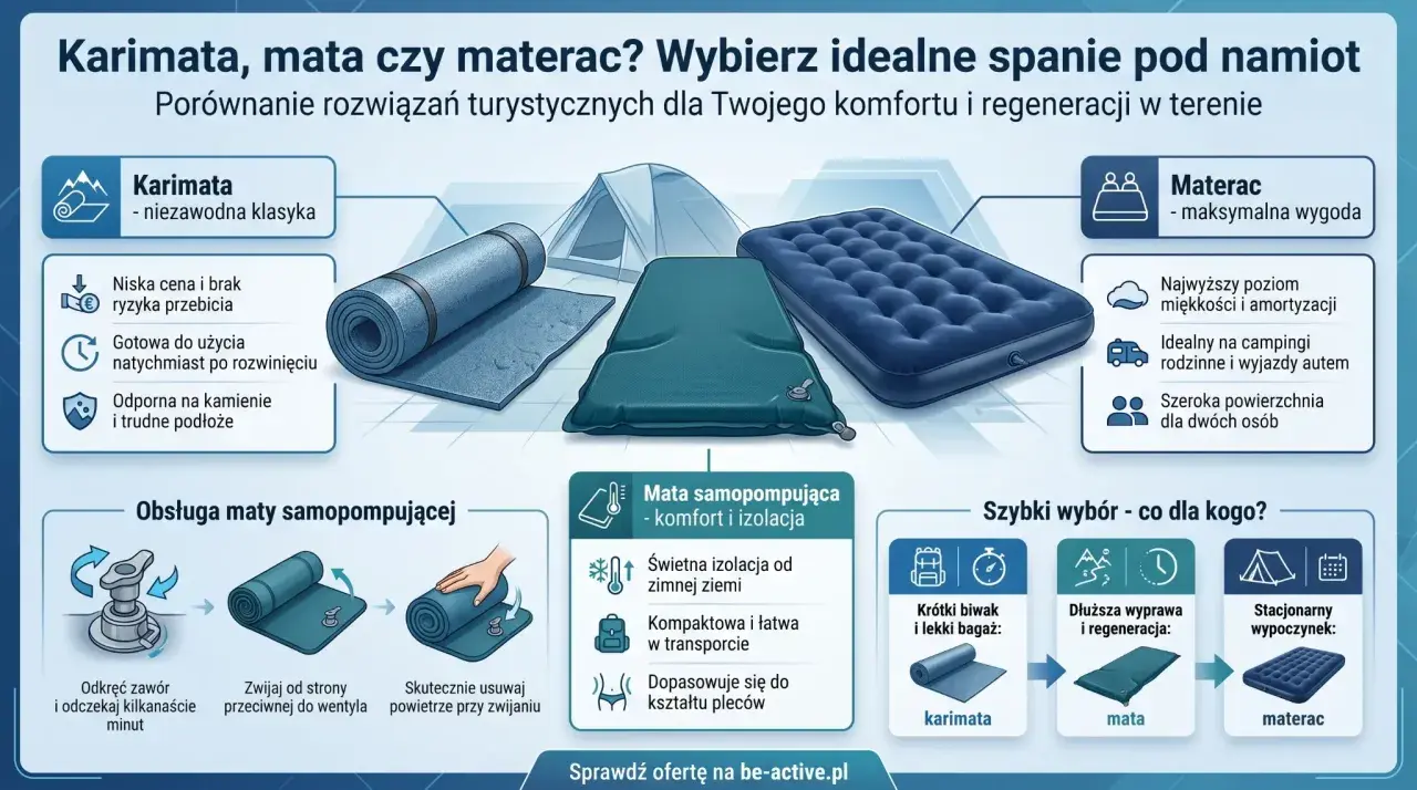 Karimata, mata czy materac? Idealne rozwiązanie na czym spać w namiocie, od karimaty po materac.