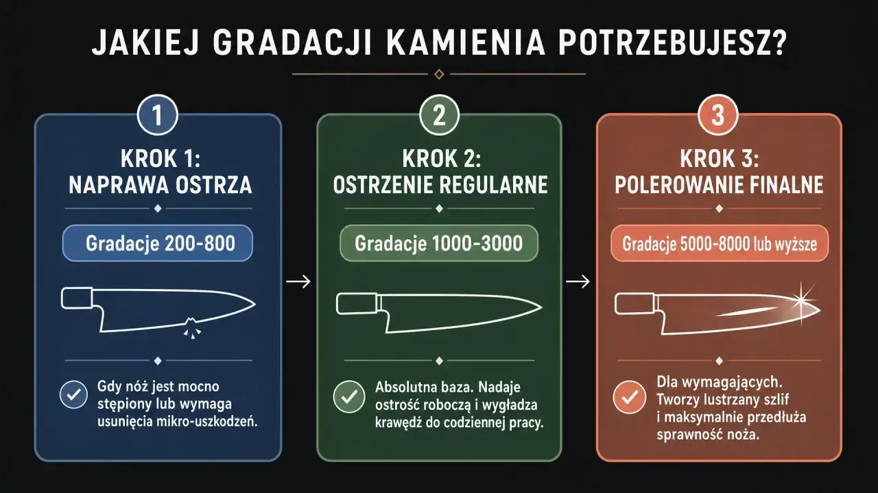 Trzy kroki ostrzenia noży: naprawa (gradacje 200-800), ostrzenie regularne (1000-3000) i polerowanie finalne (5000-8000+). Jaka gradacja do ostrzenia noży jest najlepsza?