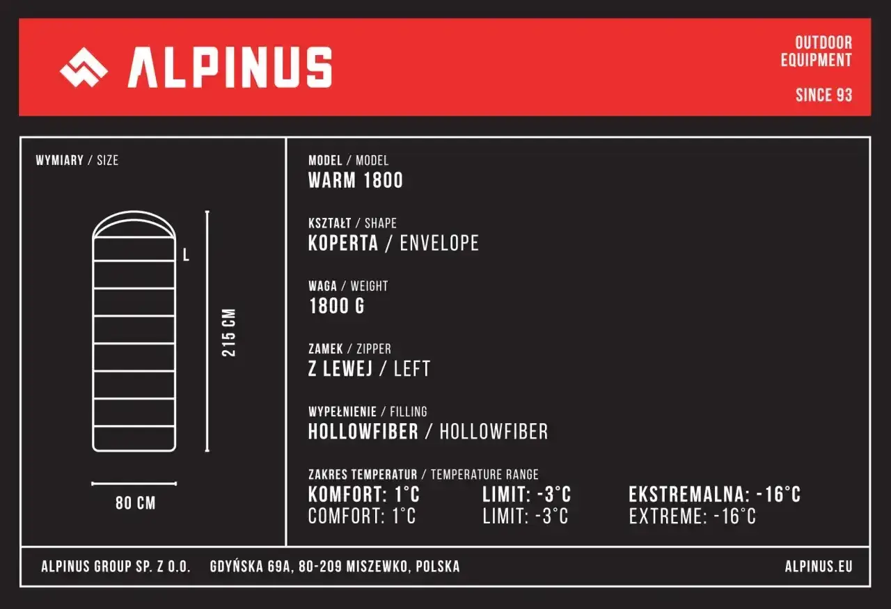 Śpiwór Alpinus Warm 1800, kształt koperty, 215 cm długości. Zakres temperatur komfortu to 1°C.