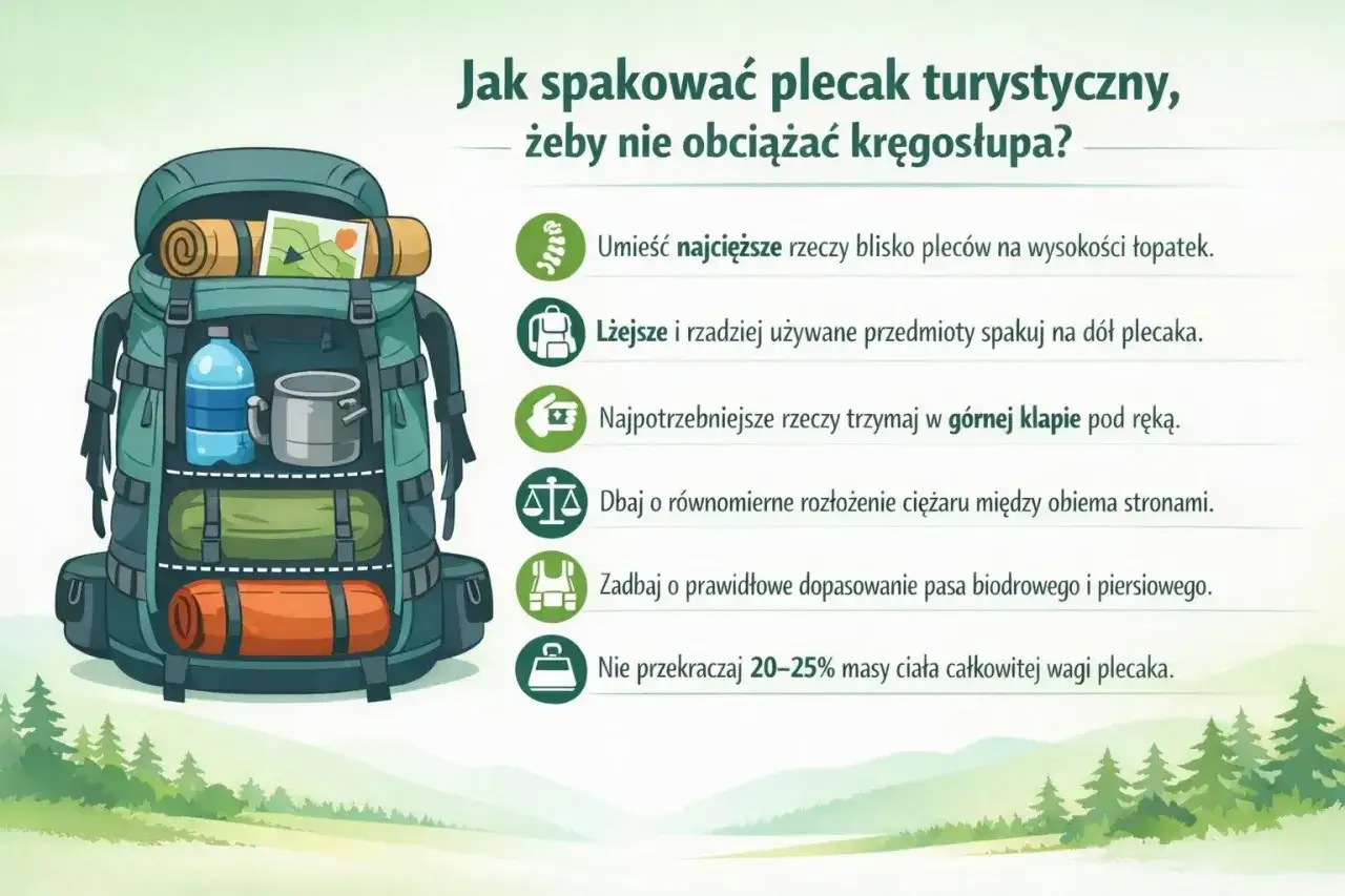 Jak spakować plecak turystyczny, by nie obciążać kręgosłupa? Ciężkie rzeczy blisko pleców, lżejsze na dół. Najpotrzebniejsze pod ręką. Równomiernie rozłóż ciężar.