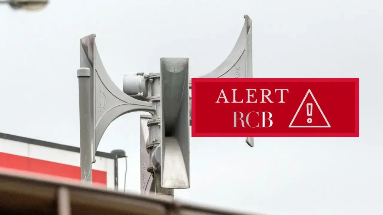 Syreny alarmowe w Polsce. Czerwony prostokąt z napisem ALERT RCB i symbolem ostrzegawczym.