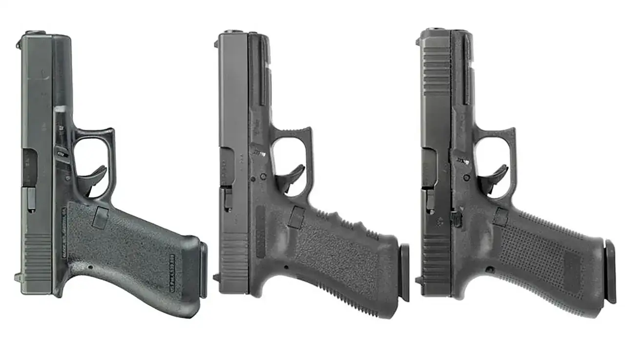 Trzy pistolety Glock, w tym Glock 49, prezentowane z boku na białym tle.