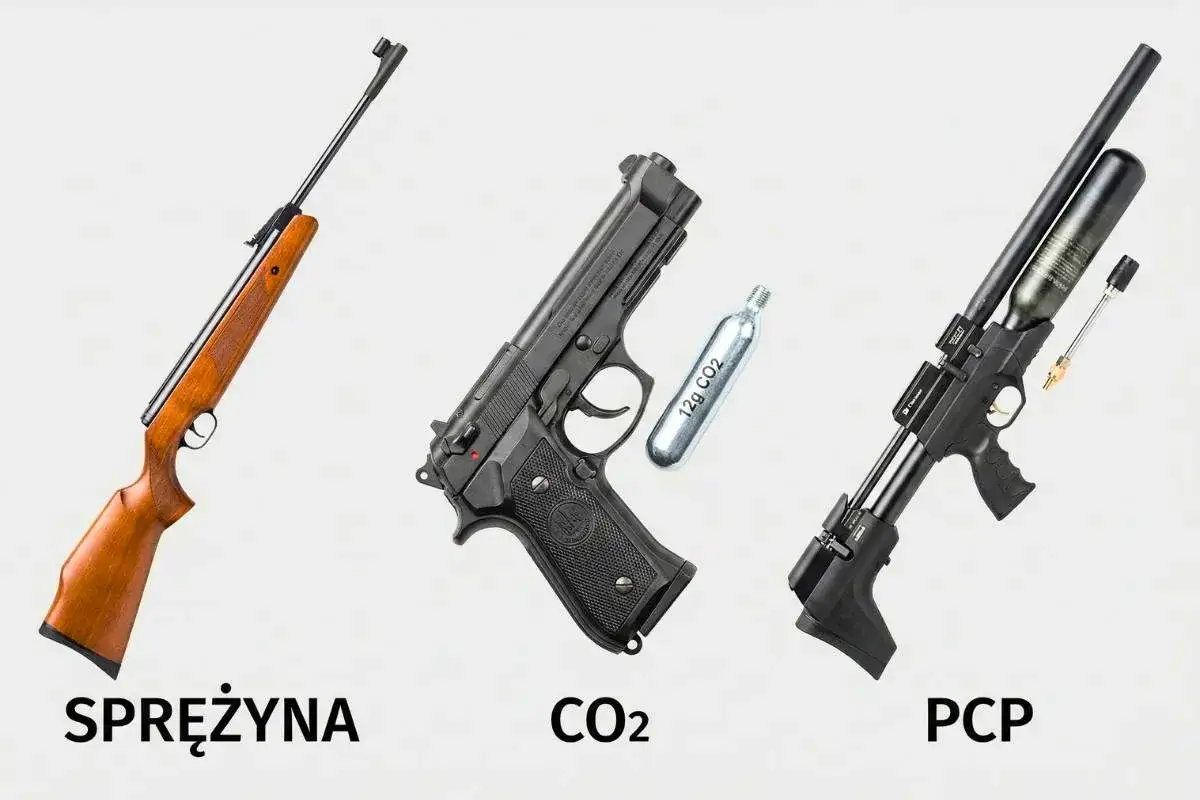 Trzy rodzaje broni pneumatycznej: wiatrówka sprężynowa, pistolet CO2 z nabojem i karabinek PCP.