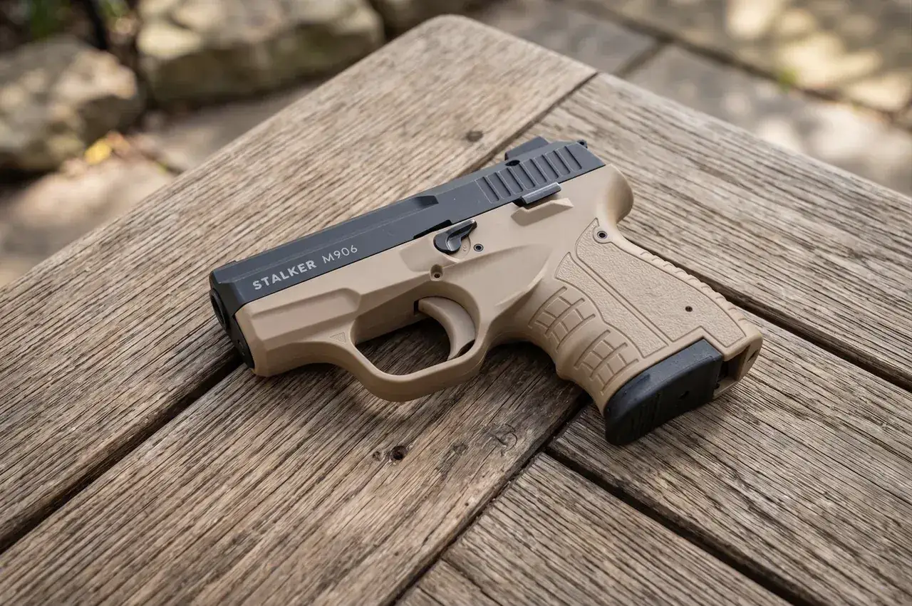 Pistolet hukowy Stalker M906 na drewnianym stole. Czy można nosić przy sobie pistolet hukowy? To zależy od przepisów.