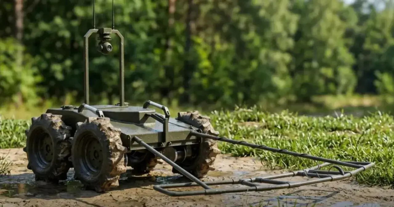Wojskowy saper, zdalnie sterowany robot z kamerą i wykrywaczem, gotowy do akcji w terenie.
