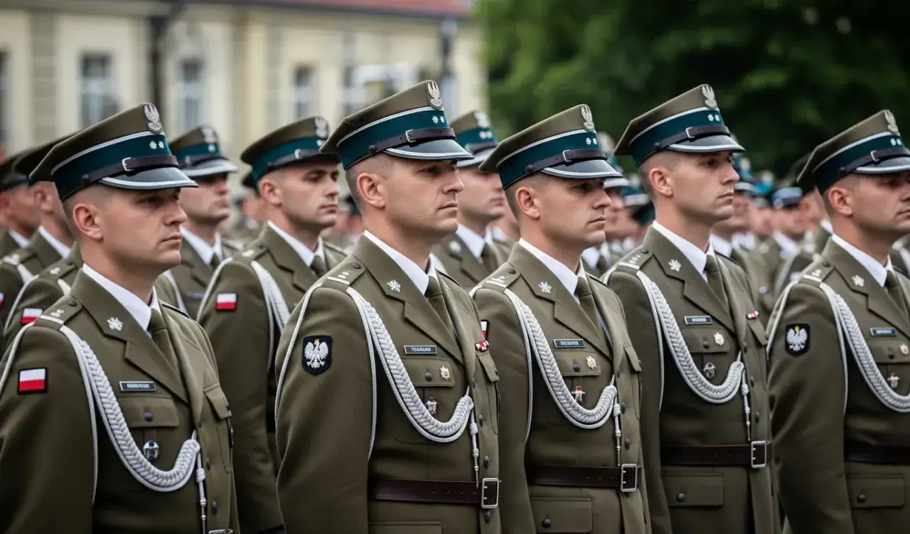 Chorąży w wojsku, w galowych mundurach, stoją w szeregu podczas uroczystości.