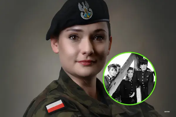 Kobieta w mundurze wojskowym z orłem na beretce, obok w kółku czarno-białe zdjęcie czterech kobiet w wojskowych strojach. Dwie gwiazdki w wojsku, przeszłość i teraźniejszość.